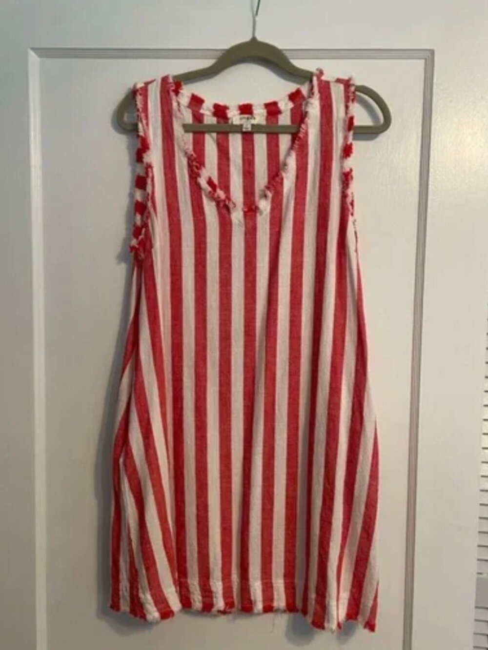 Umgee Red White Striped Linen Blend Dress | Frayed Sleeveless  L